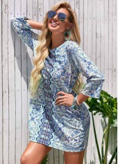Blue swimwear,Tribal swimwear,Round Neck Printed 3/4 Sleeve Cover Up