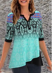 Cyan tops,Floral tops,ROTITA Split Neck Printed Button Detail T Shirt 