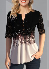 ROTITA Lace Patchwork Button Detail Split Neck T Shirt