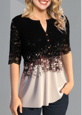 Black tops,Floral tops,ROTITA Lace Patchwork Button Detail Split Neck T Shirt