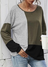 Green tops,Contrast Color tops,Round Neck Contrast Long Sleeve T Shirt