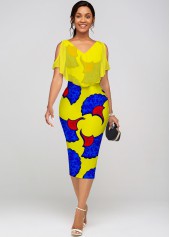 ROTITA Printed Chiffon Cape V Neck Dress