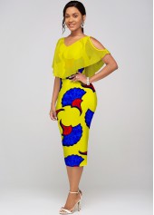 Yellow dresses,Floral dresses,ROTITA Printed Chiffon Cape V Neck Dress
