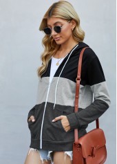 Black tops,Contrast Color tops,Drawstring Detail Contrast Zipper Closure Hoodie