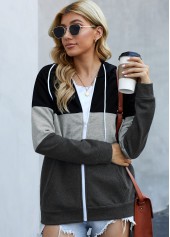 Black tops,Contrast Color tops,Drawstring Detail Contrast Zipper Closure Hoodie