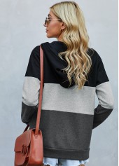 Black tops,Contrast Color tops,Drawstring Detail Contrast Zipper Closure Hoodie