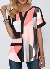 Multi Color tops,Geometric tops,ROTITA Split Neck Geometric Print Short Sleeve Blouse