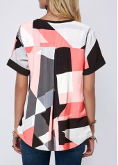 Multi Color tops,Geometric tops,ROTITA Split Neck Geometric Print Short Sleeve Blouse