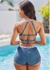 Blue swimwear,Tribal swimwear,ROTITA Tribal Print High Waist Tie Front Bikini Set