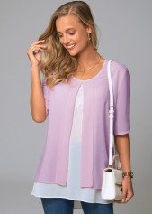 Purple tops,Contrast Color tops,ROTITA Round Neck Faux Two Piece Decorative Button Blouse
