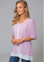 Purple tops,Contrast Color tops,ROTITA Round Neck Faux Two Piece Decorative Button Blouse