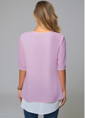 Purple tops,Contrast Color tops,ROTITA Round Neck Faux Two Piece Decorative Button Blouse