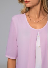 Purple tops,Contrast Color tops,ROTITA Round Neck Faux Two Piece Decorative Button Blouse