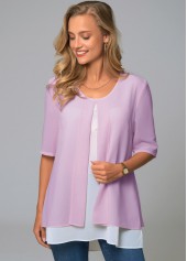 ROTITA Round Neck Faux Two Piece Decorative Button Blouse