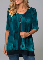 ROTITA Chiffon Feathers Print Round Neck Blouse