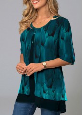 Cyan tops,Tribal tops,ROTITA Chiffon Feathers Print Round Neck Blouse