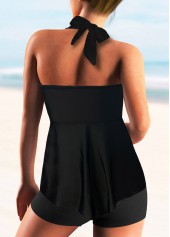 Black swimwear,Plain Color swimwear,ROTITA Halter Tie Back Solid Tankini Set