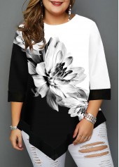 Multi Color plus size,Floral plus size,ROTITA Plus Size Floral Print Asymmetric Hem T Shirt