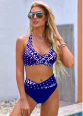 Royal Blue swimwear,Floral swimwear,ROTITA Halter High Waist Printed Bikini Set