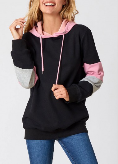 Black tops,Contrast Color tops,ROTITA Long Sleeve Contrast Drawstring Detail Hoodie