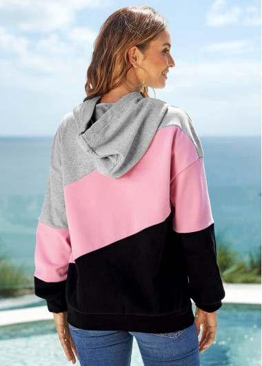 Multi Color tops,Contrast Color tops,ROTITA Kangaroo Pocket Contrast Long Sleeve Hoodie