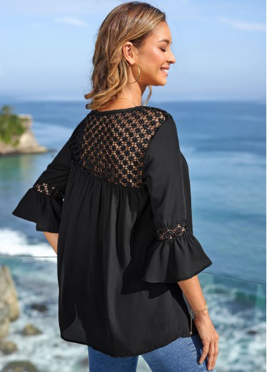 Black tops,Plain Color tops,ROTITA Flare Sleeve Lace Stitching Solid Blouse