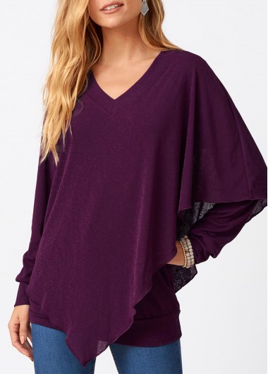 Dark Purple tops,Plain Color tops,ROTITA Asymmetric Hem Long Sleeve V Neck T Shirt