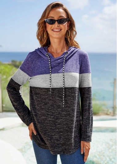 Multi Color tops,Contrast Color tops,ROTITA Long Sleeve Contrast Drawstring Detail Hoodie