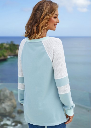 Blue tops,Contrast Color tops,ROTITA Split Neck Contrast Long Sleeve Sweatshirt
