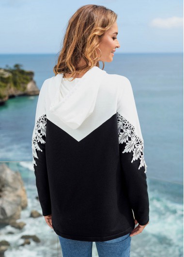 Multi Color tops,Contrast Color tops,ROTITA Color Block Lace Stitching Long Sleeve Hoodie