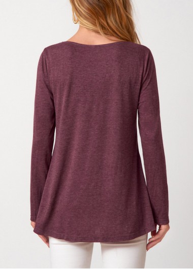Dark Reddish Purple tops,Plain Color tops,ROTITA Lace Patchwork Dark Reddish Purple T Shirt