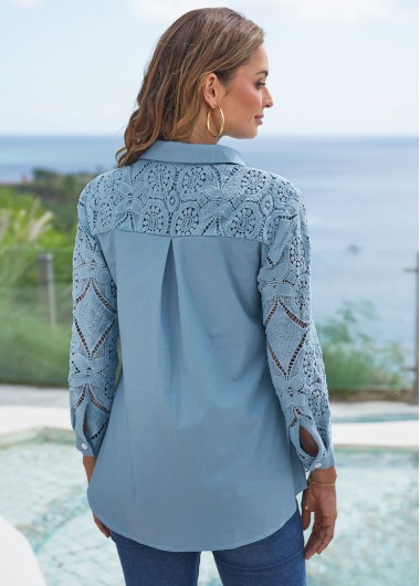 Blue tops,Plain Color tops,ROTITA Lace Stitching Faux Denim Turndown Collar Blouse