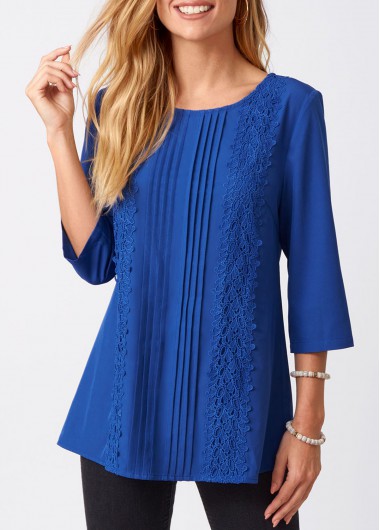 ROTITA Lace Stitching Crinkle Chest Solid Round Neck Blouse | Rotita ...