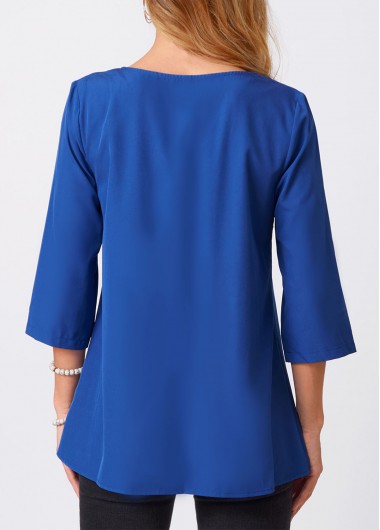 Blue tops,Plain Color tops,ROTITA Lace Stitching Crinkle Chest Solid Round Neck Blouse