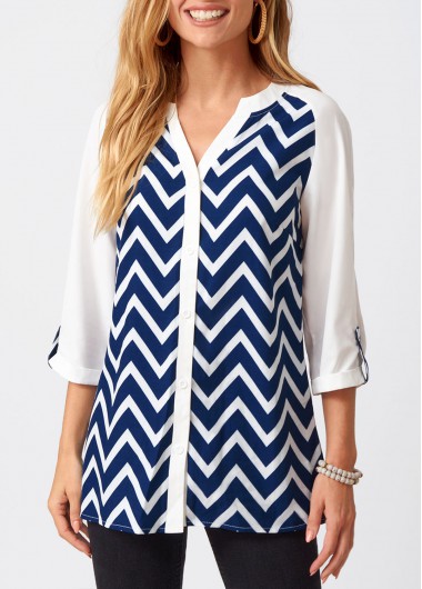 Multi Color tops,Chevron tops,ROTITA Chevron Print Split Neck Three Quarters Sleeve Blouse