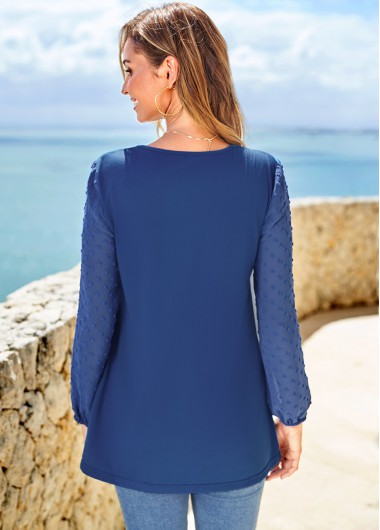 Navy tops,Contrast Color tops,ROTITA Decorative Button V Neck Navy Blouse