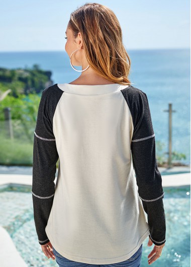 Beige tops,Contrast Color tops,ROTITA Lace Up Beige V Neck Long Sleeve Sweatshirt