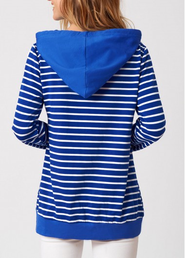 Blue tops,Striped tops,ROTITA Striped Drawstring Detail Long Sleeve Hoodie
