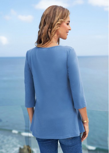 Blue tops,Contrast Color tops,ROTITA Cross Strap Lace Stitching 3/4 Sleeve T Shirt