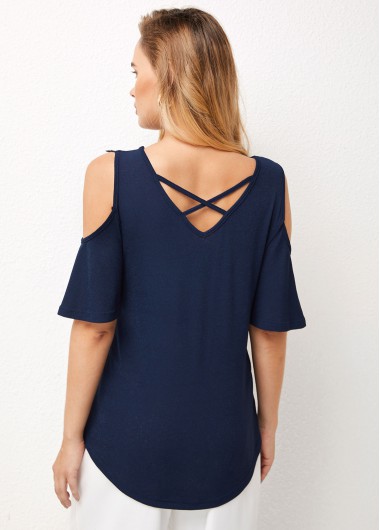 Navy tops,Plain Color tops,ROTITA Cold Shoulder Lace Stitching Cross Strap T Shirt