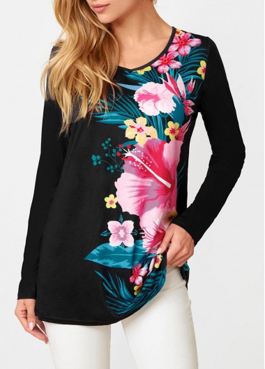 Black tops,Floral tops,ROTITA Floral Print V Neck Long Sleeve T Shirt