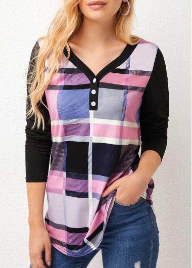 Multi Color tops,Plaid tops,ROTITA Long Sleeve Plaid V Neck T Shirt