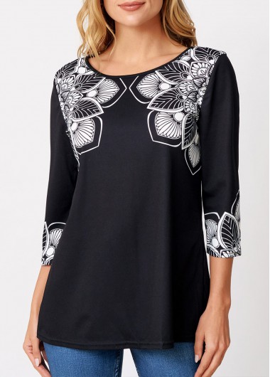 Black tops,Tribal tops,ROTITA Round Neck Tribal Print Black T Shirt