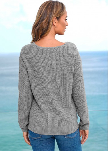 Grey tops,Plain Color tops,ROTITA V Neck Lace Up Long Sleeve Sweater