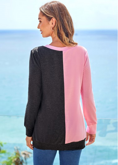 Multi Color tops,Contrast Color tops,ROTITA Pocket Contrast Round Neck Long Sleeve Sweatshirt