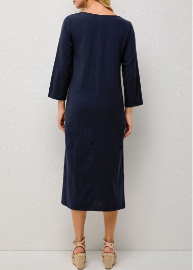 Navy dresses,Plain Color dresses,Solid Double Slit Pocket Round Neck Dress