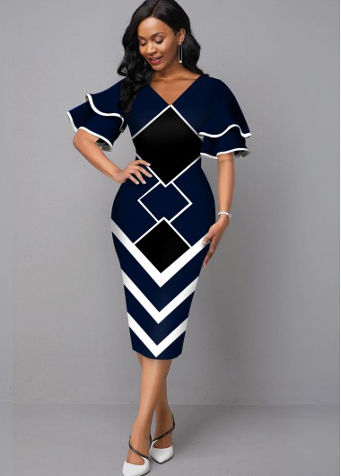 Geometric dresses,ROTITA Geometric Print V Neck Bodycon Dress