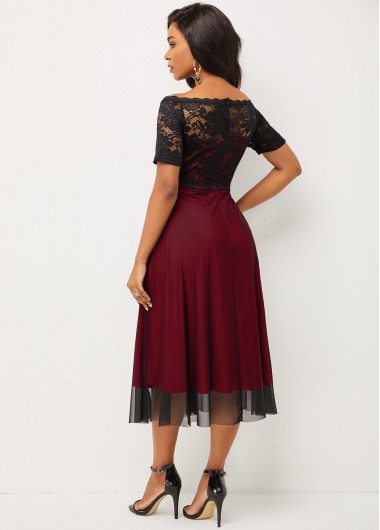 Wine Red dresses,Contrast Color dresses,ROTITA Lace Patchwork Short Sleeve Off Shoulder Dress