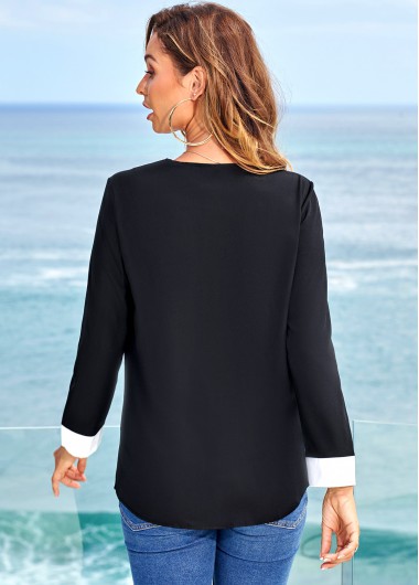 Black tops,Contrast Color tops,ROTITA Decorative Button Contrast Long Sleeve Blouse