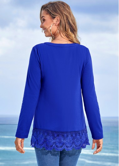 Blue tops,Plain Color tops,ROTITA Solid Lace Patchwork Split Neck Long Sleeve T Shirt